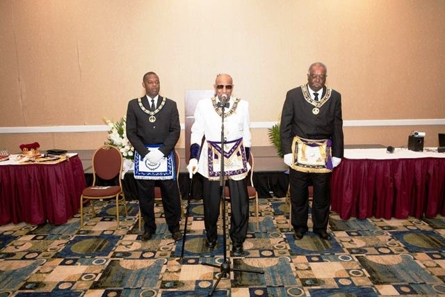 PGM Cash presiding over the installation ceremonies, supported by PM Irby and GM Wilson at Most Worshipful Prince Hall Grand Lodge Of Texas.